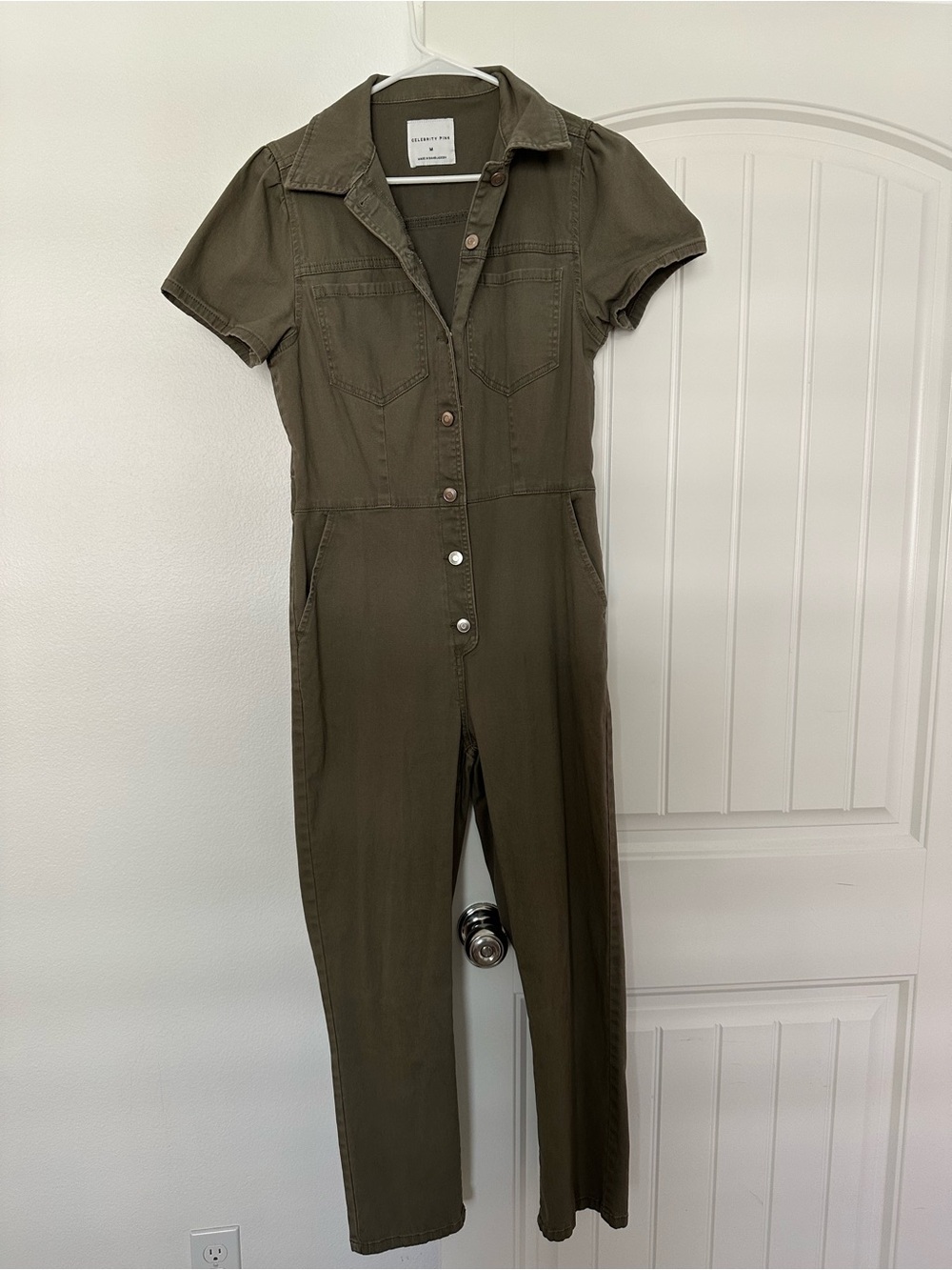Celebrity Pink Olive Green Short-Sleeve Button Jumpsuit